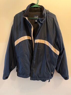 GAP Men's Navy Jacket with White Stripe vintage XL  hood heavy weight flawed